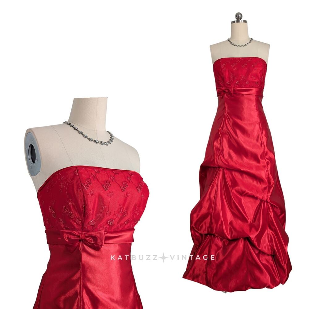 Vintage Mcclintock Prom Dress 10 Red Maxi Gown Y2K Princess Empire Strapless